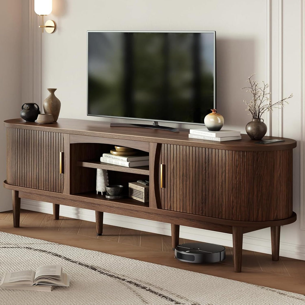 Mid Century TV Stand for TVs up to 80 Inches, Entertainment Center with Storage, Power Outlet, Fluted Sliding Doors &