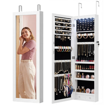 6 LEDs Jewelry Cabinet with Lock, 48" Full Length Mirror Wall Mounted or Over The Door Jewelry Organizer, Large