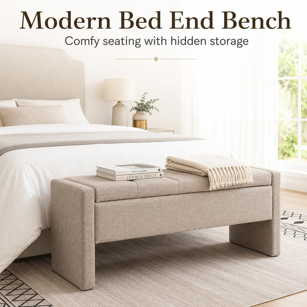 47.25 Inch Storage Ottoman Bench, Linen Upholstered, Grey Brown | End of Bed Storage Bench, Entryway Shoe Bench and