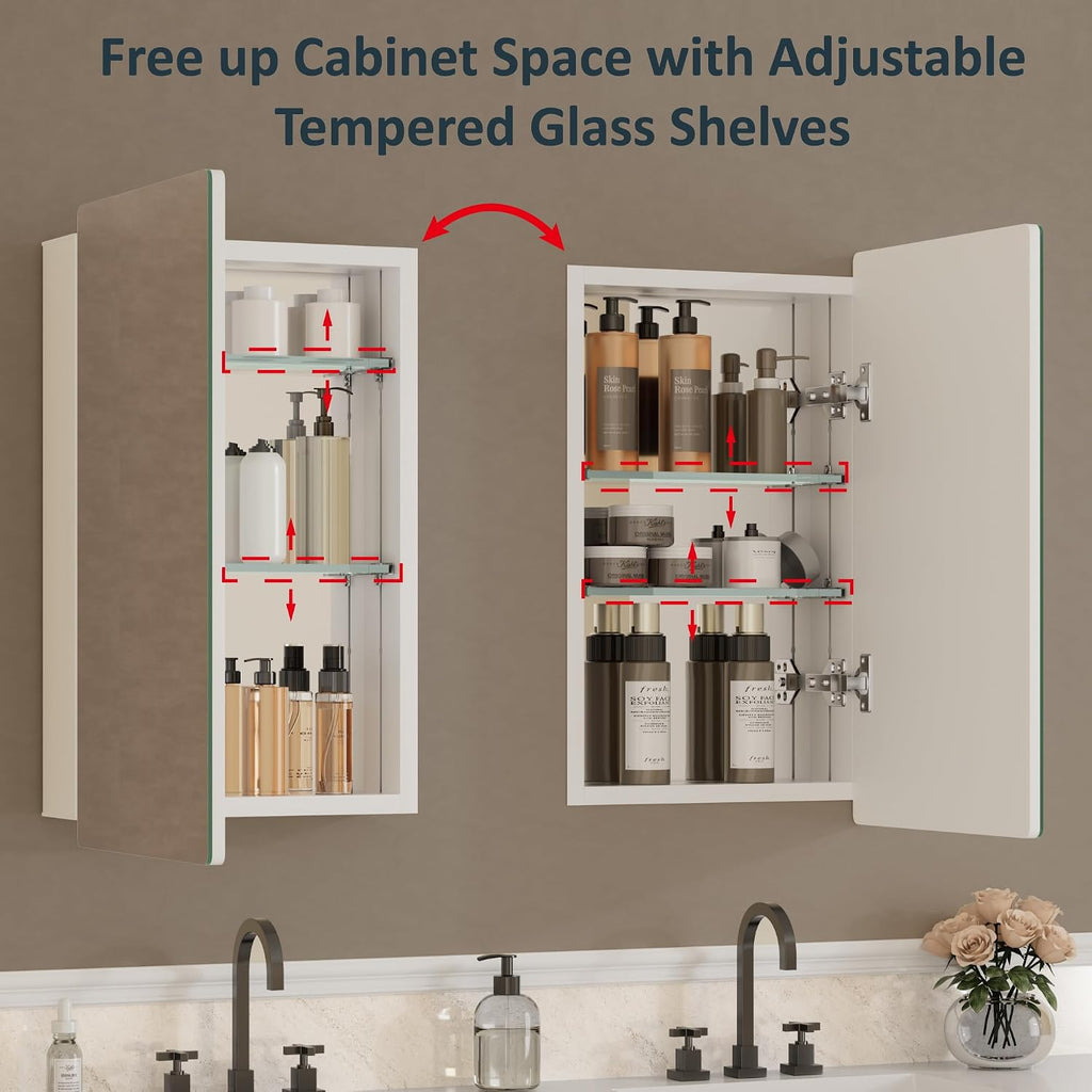 14 x 24 Inch Recessed Medicine Cabinet with Mirror , White | Wall Mounted Cabinet for Storage, Adjustable Glass