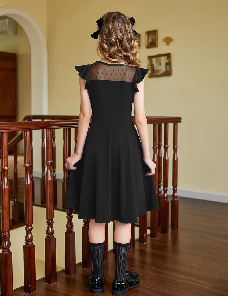 Girls Dresses Summer Formal Party Wedding Ruffle Sleeve Mesh Knee Length A Line Dress with Pockets