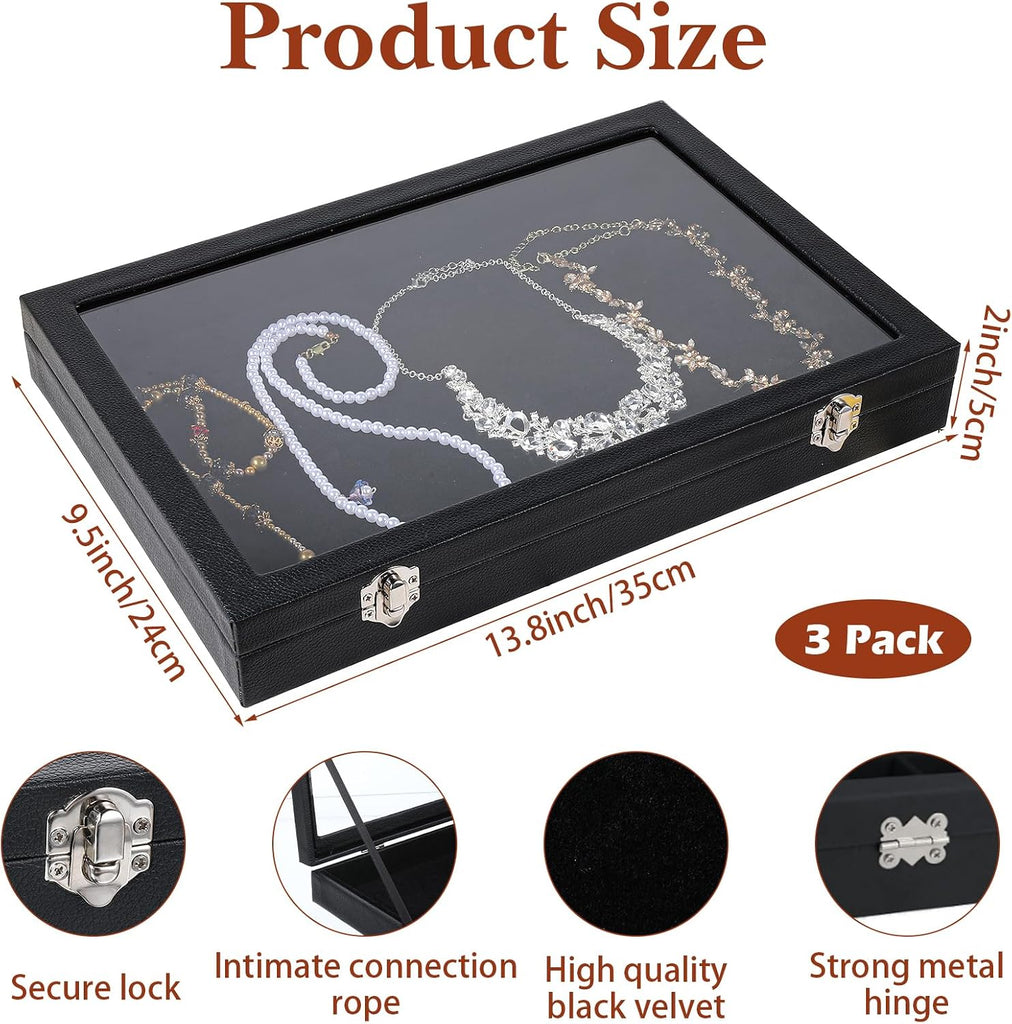 Jewelry Organizer Box, Black Velvet Blank Display Tray Case with Lid, 13.8 x 9.5 x 2 Inch Wooden Jewelry - Set of 3