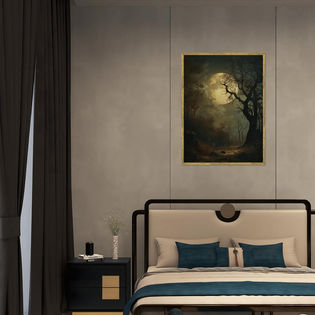 Moody Forest with Full Moon Wall Art Vintage Gothic Moonlight Poster Dark Aesthetic Decor Nature Canvas Print