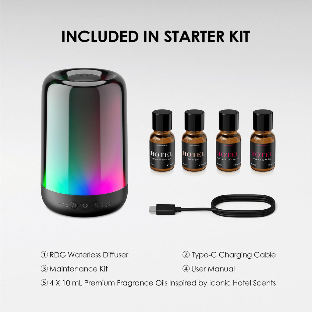 RDG Waterless Oil Diffuser with Rainbow Light, Black Starter Kit