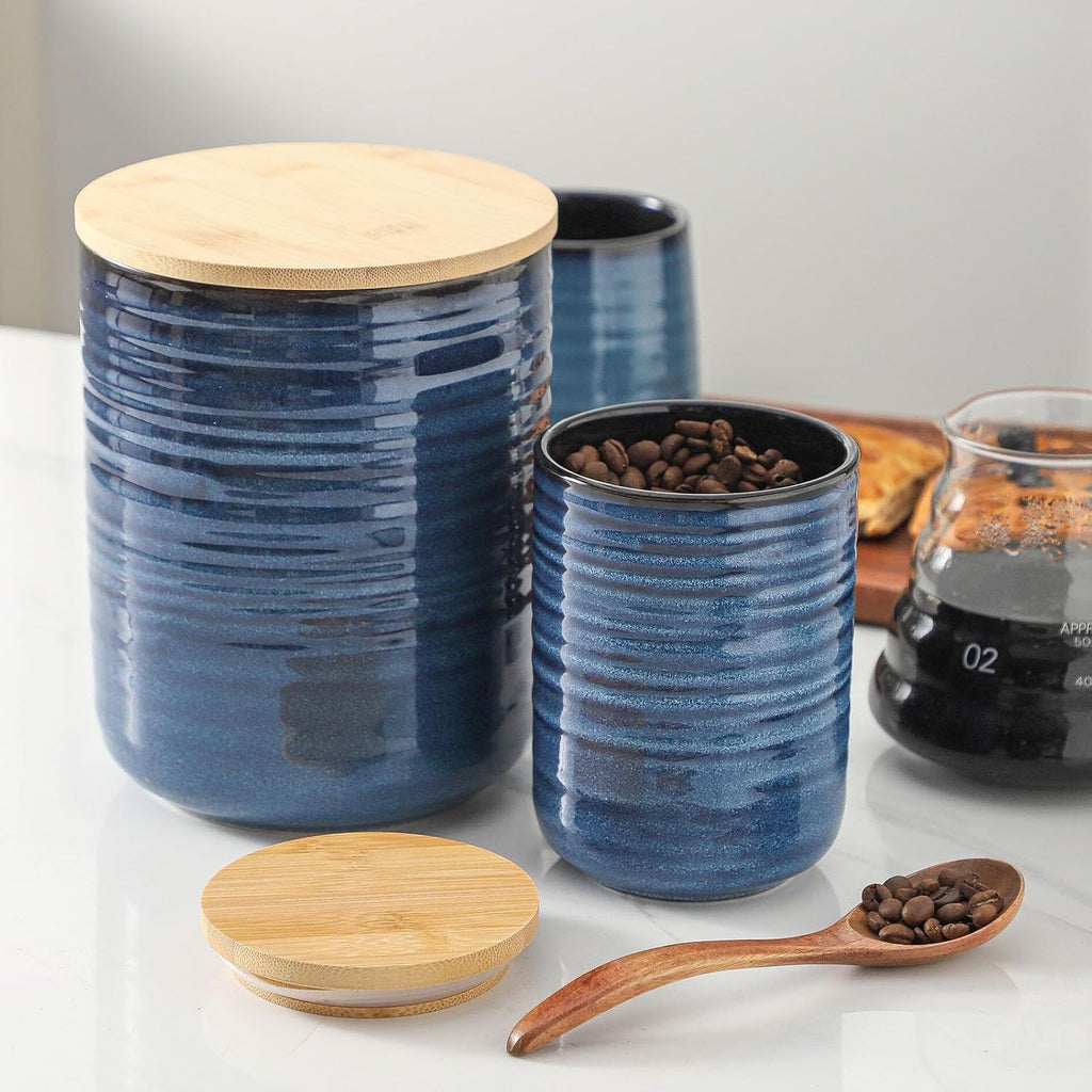 Ceramic Food Storage Jars with Bamboo Lids - 80oz + 24oz Kitchen Canister Set - 7.5" & 5.9" Airtight Containers - Set of 2
