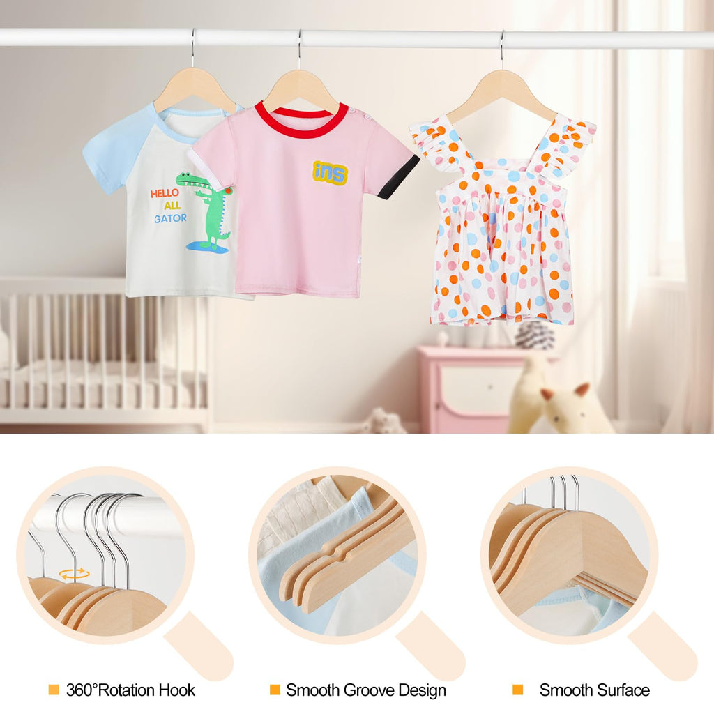 Unfinished/Natural Kids Children Baby Wood Wooden Clothes Dress Shirt Hangers with No Painting - 360°Stronger