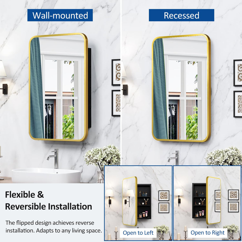 16x24 Inch Mirror Medicine Cabinet Gold Metal Frame Bathroom Medicine Cabinet with Mirror Recessed or Wall Mounted
