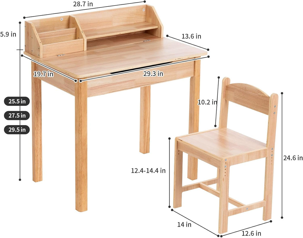 Wood Kids Desk and Chair Set, Height Adjustable Children Study Desk with Flip-Top Storage, Book Rack and Hutch