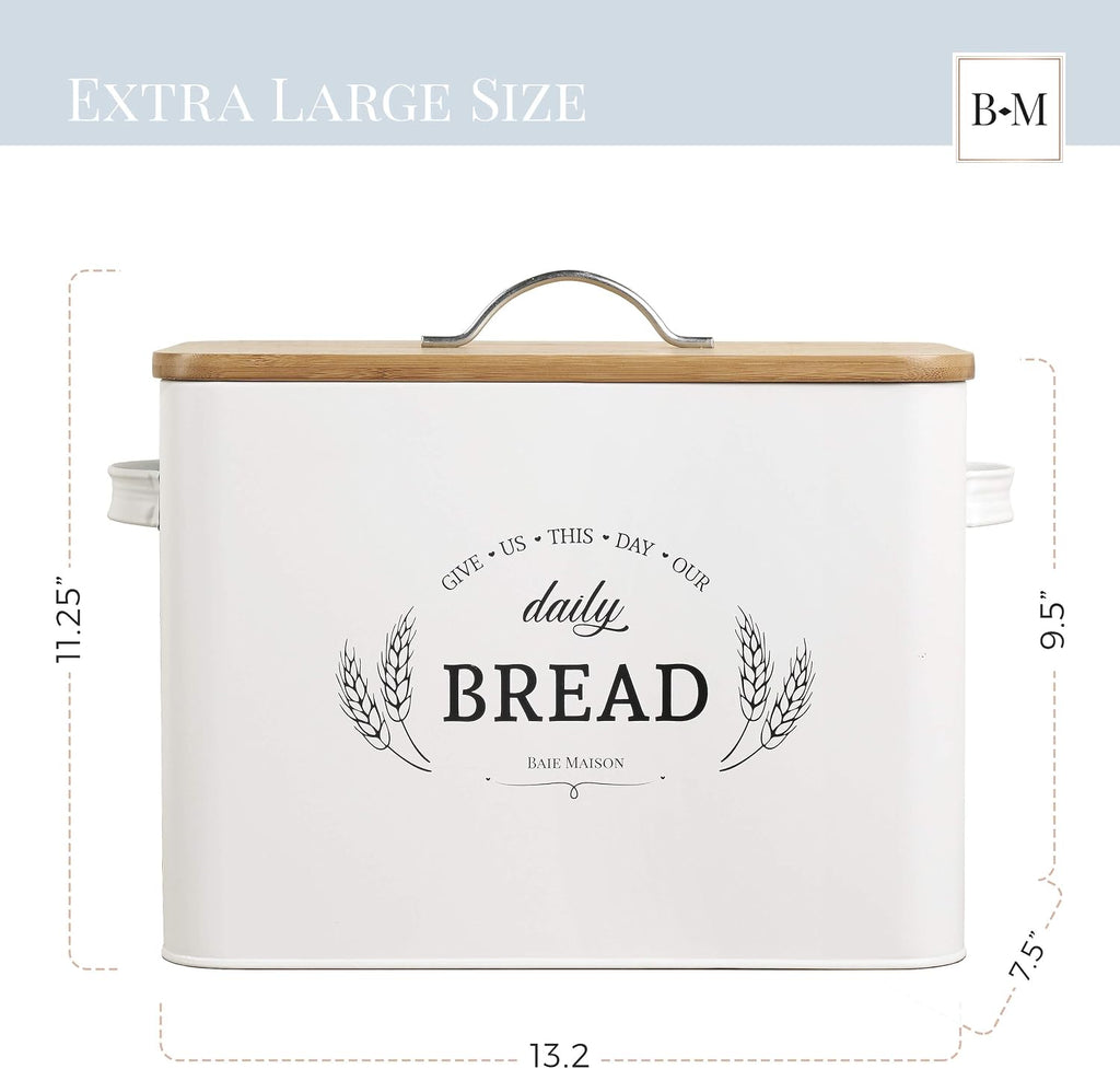 Extra Large White Farmhouse Bread Box Countertop - Bread Storage with Matching Large Kitchen Canisters - Set of 3