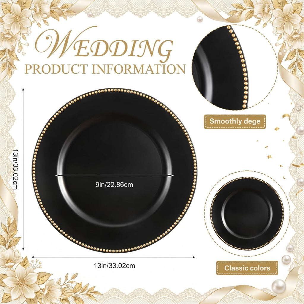 6 Pack Black Charger Plates with Gold Beaded Rim