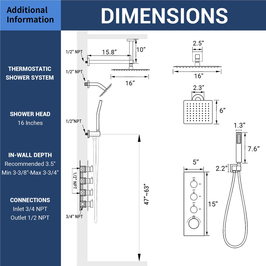 16" Thermostatic Dual Rainfall Head Brushed Nickel Shower System