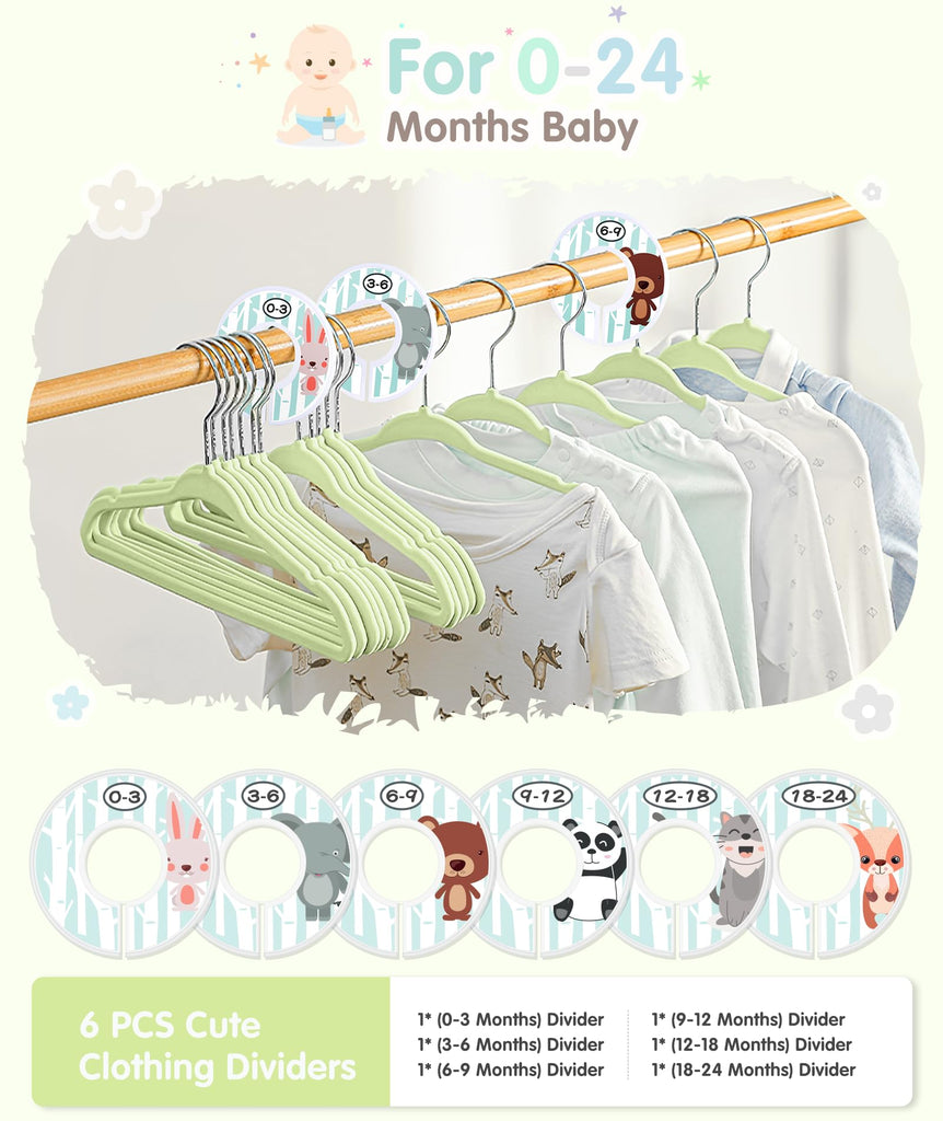 Velvet Baby Hangers with 6 Pcs Dividers, 11 Inch, Lime Green, 30 Pcs