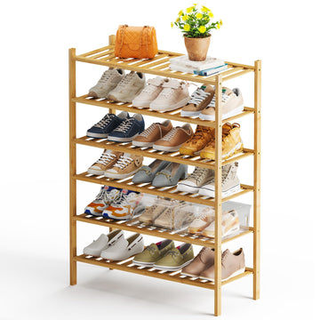 6-Tier Bamboo Shoe Rack Premium Stackable Shoe Shelf Storage Organizer Closet Living Room Entryway Organizer (Natural