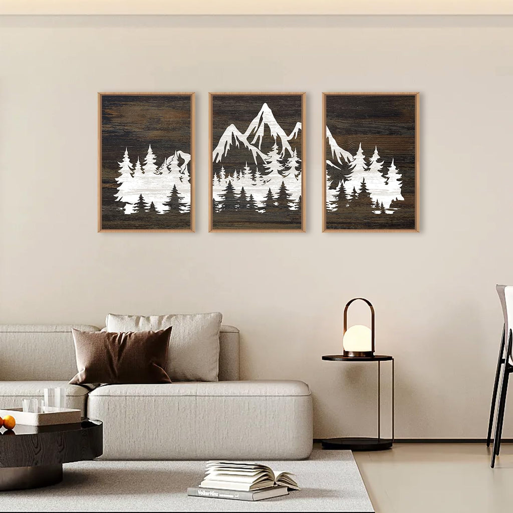 Large Mountain Tree Framed Canvas Wall Art Set, Modern White Forest Art Printing Country Minimalist Wood Wall Decor