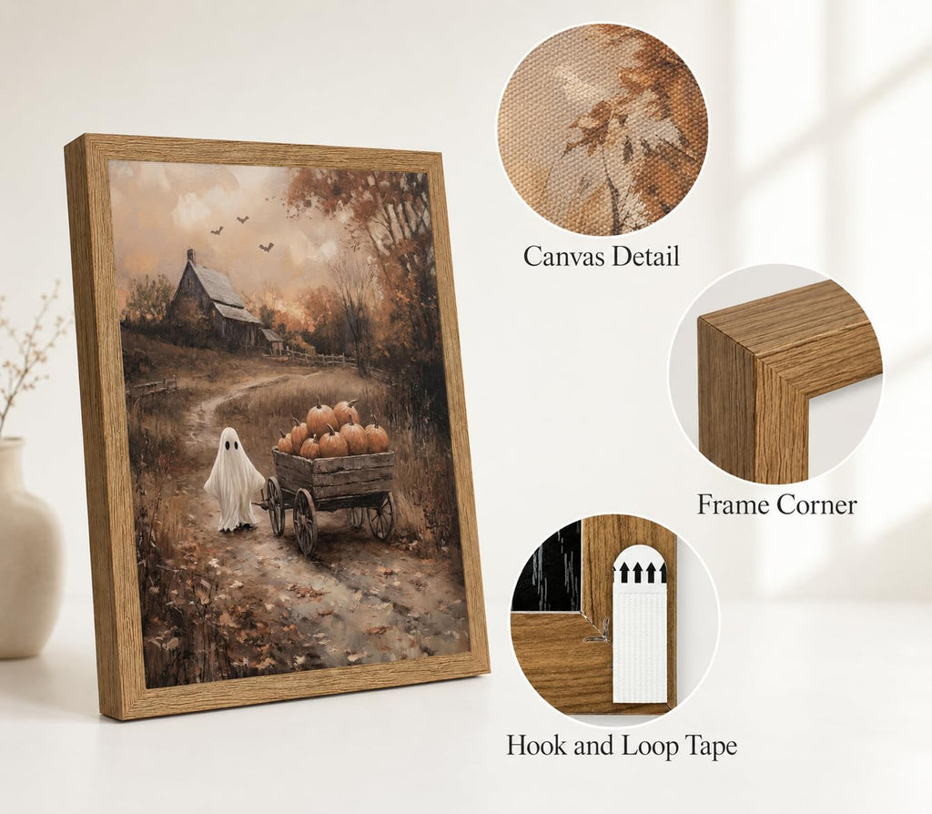 Framed Ghost Pumpkin Wall Art Vintage Halloween Canvas Print Rustic Farmhouse Autumn Cottagecore Spooky Countryside