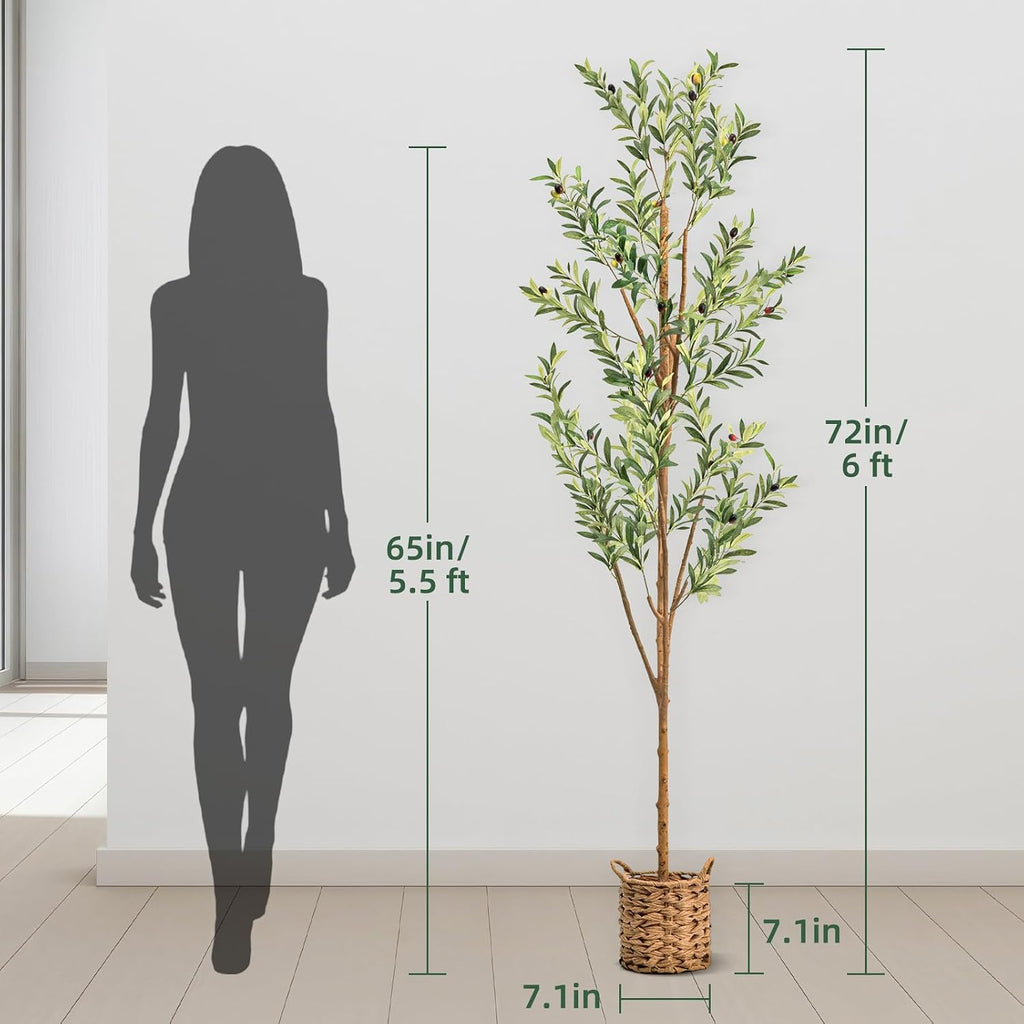 6ft Artificial Olive Tree with LED Fairy Lights, Tall Faux Potted Plant with Woven Basket - Natural Wooden Trunk &
