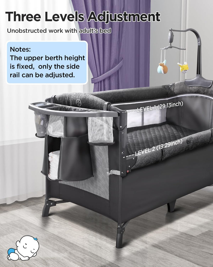 Baby Bassinet Bedside Crib, Play Yard, Diaper Changer, Grey