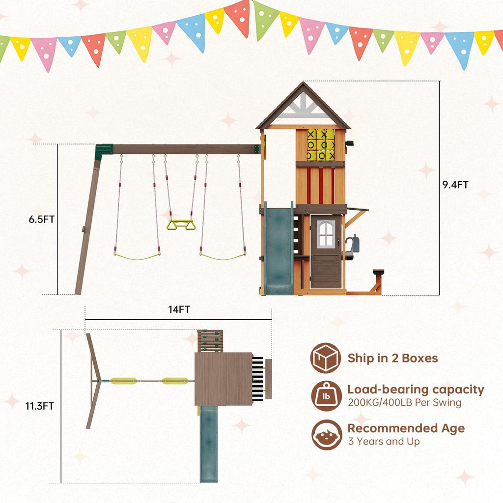 Wooden Swing Sets for Backyard - Outdoor Playset | 7 FT Wave Slide, 3 Swings, Play Kitchen, Toy Telescope, Steering