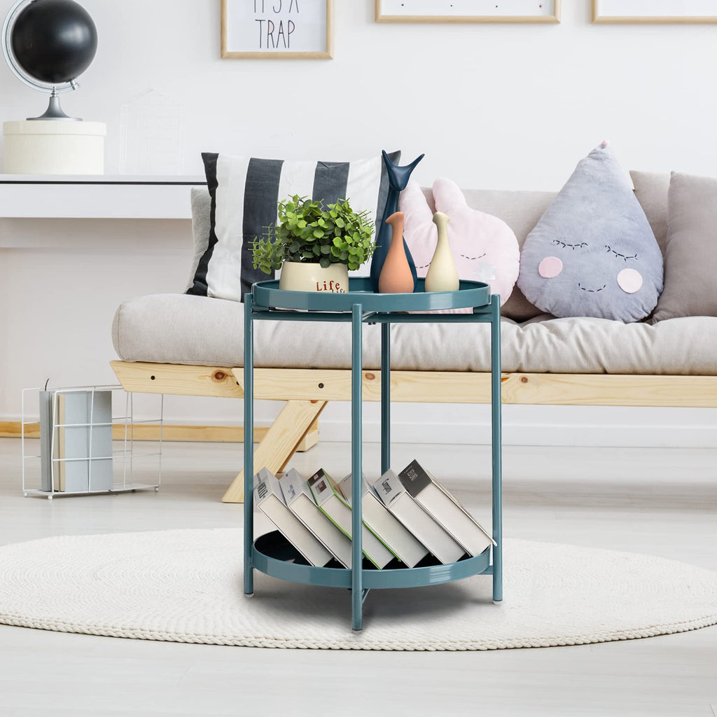 2 Tier Round Side Table, Folding Round Metal End Table Small Nightstand with Two Removable Tray Living Room Bedside