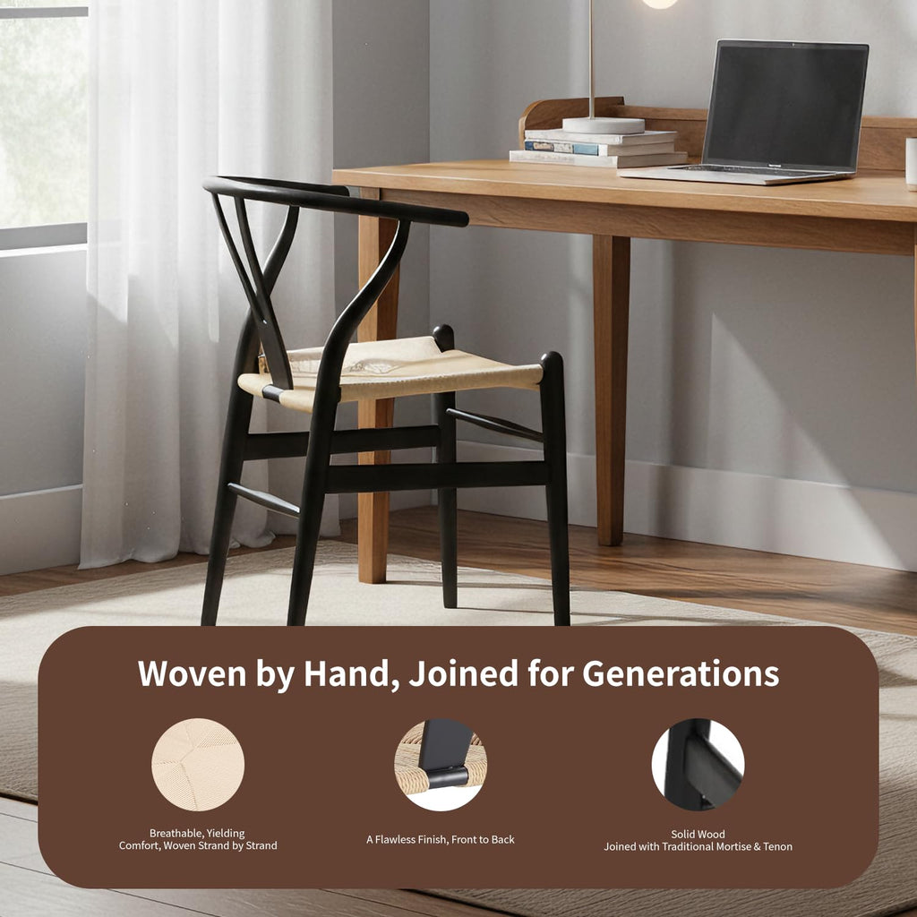 Wishbone Dining Chairs Set of 2 (Black Frame + Natural Cord)