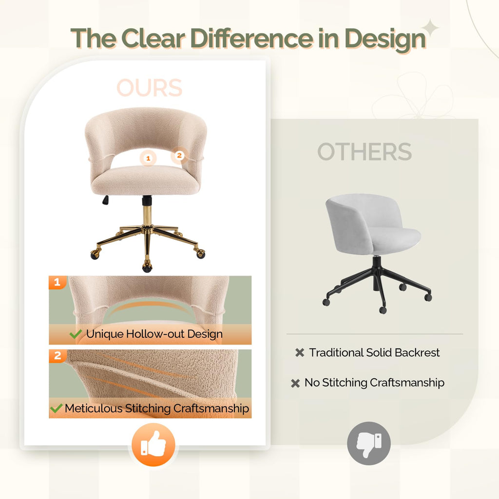 Modern Curved Office & Vanity Desk Chair, Cute Upholstered Nail Chair with Wheels & 360° Swivel & Club & Tilting &