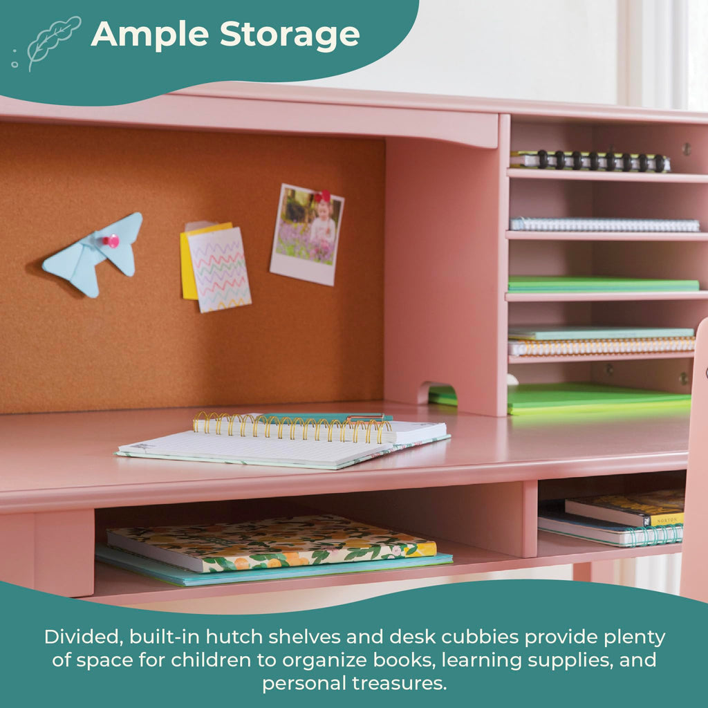 Children's Media Desk and Chair Set - Pink: Student's Study Computer Workstation with Hutch and Shelves, Wooden Kids