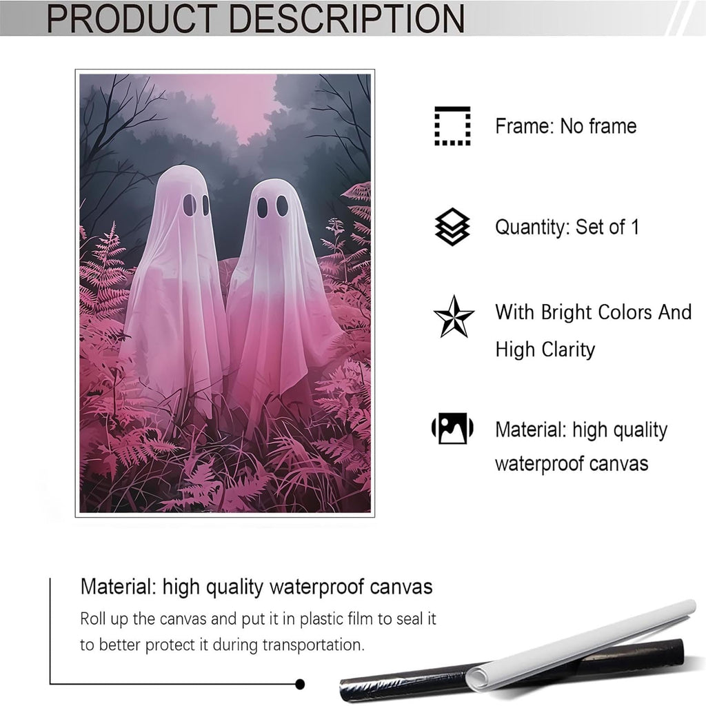 Retro White Two Ghost Posters Cute Horror Scary Wall Art Two Ghosts Wandering In The Plant Forest During The Day
