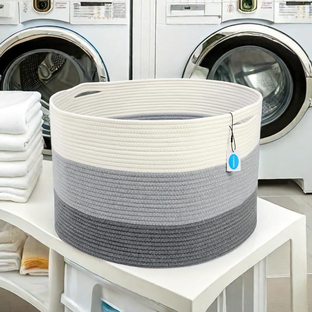XXXLarge Cotton Rope Basket - Woven Storage Basket with Handle for Blankets, Towels and Pillows Laundry Hamper