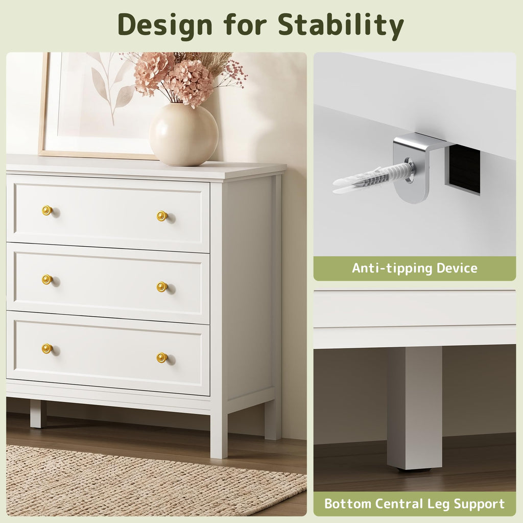 White Dresser, 55" Modern Dresser with 6 Drawers Gold Handles