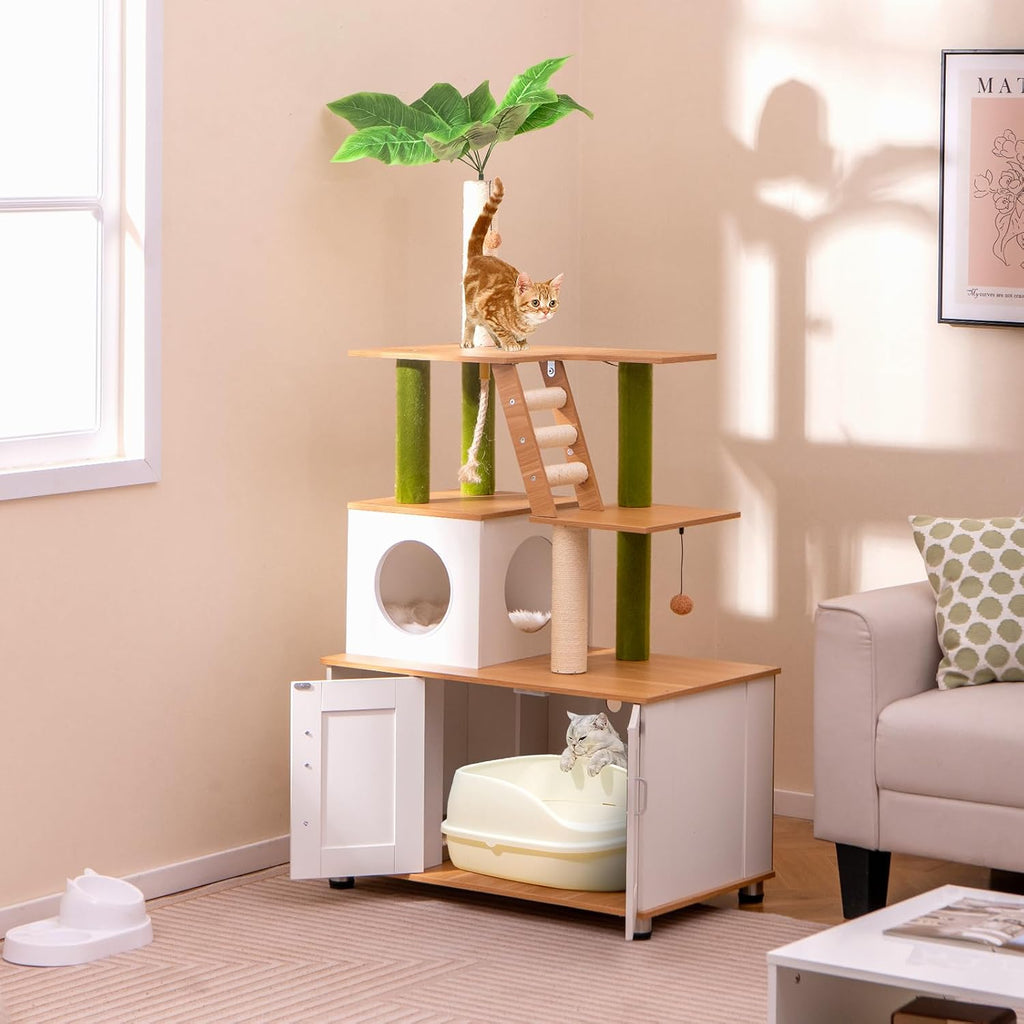Cat Tree with Litter Box Enclosure, Multi-Level Modern Cat Tree Tower with Sisal Scratching Posts, Cat Condo, Ladder