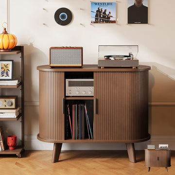 Record Player Stand, Midcentury Modern Furniture Turntable Stand with Sliding Doors, Audio-Video Shelving Cabinet
