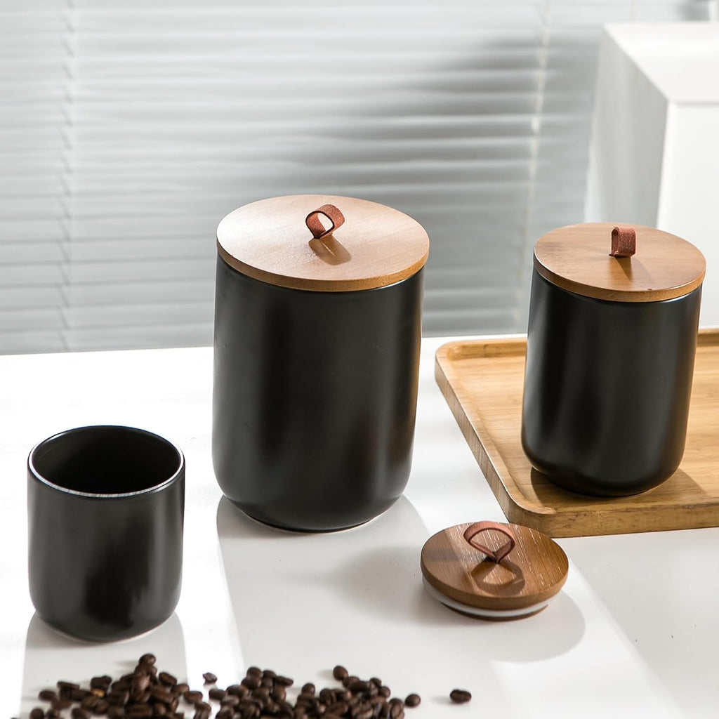 Black Ceramic Canister Set with Wooden Lid, 3-Piece Food Storage Jars Counter, Storage Container for Coffee, Tea - Set of 3