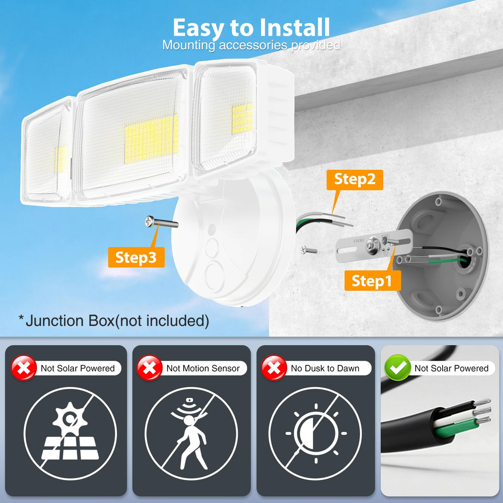 Flood Lights Outdoor, Brightness Security LED Flood Lights with 3 Adjustable Heads, Switch Controlled