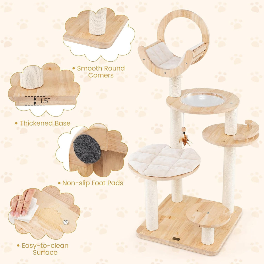 57 Inches Tall Wooden Cat Tree, Multi-Level Cat Tower with Scratching Posts, Space Capsule Bed, Padded Platform