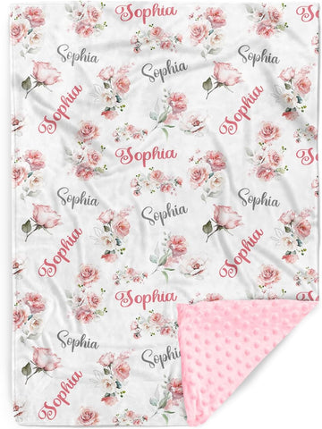 Personalized Baby Blankets with Name - Custom Pink Floral Pattern Baby Girl Blanket - Soft Minky Dot Blanket