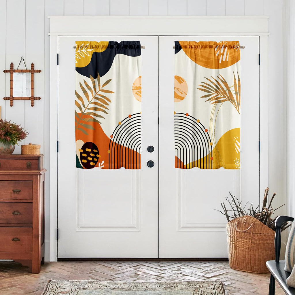 Orange Boho Curtains 39 Inch Mid Century Cafe Drapes for Small Windows Abstract Leaves Rainbow Colorful Modern