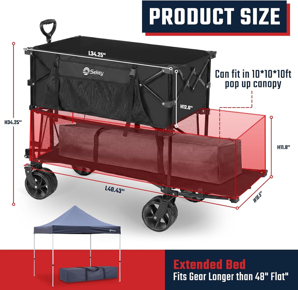 500LBS Heavy Duty Double Decker Wagon with Extender, 400L Large Capacity Collapsible Garden Cart Fits 10x10 Canopy