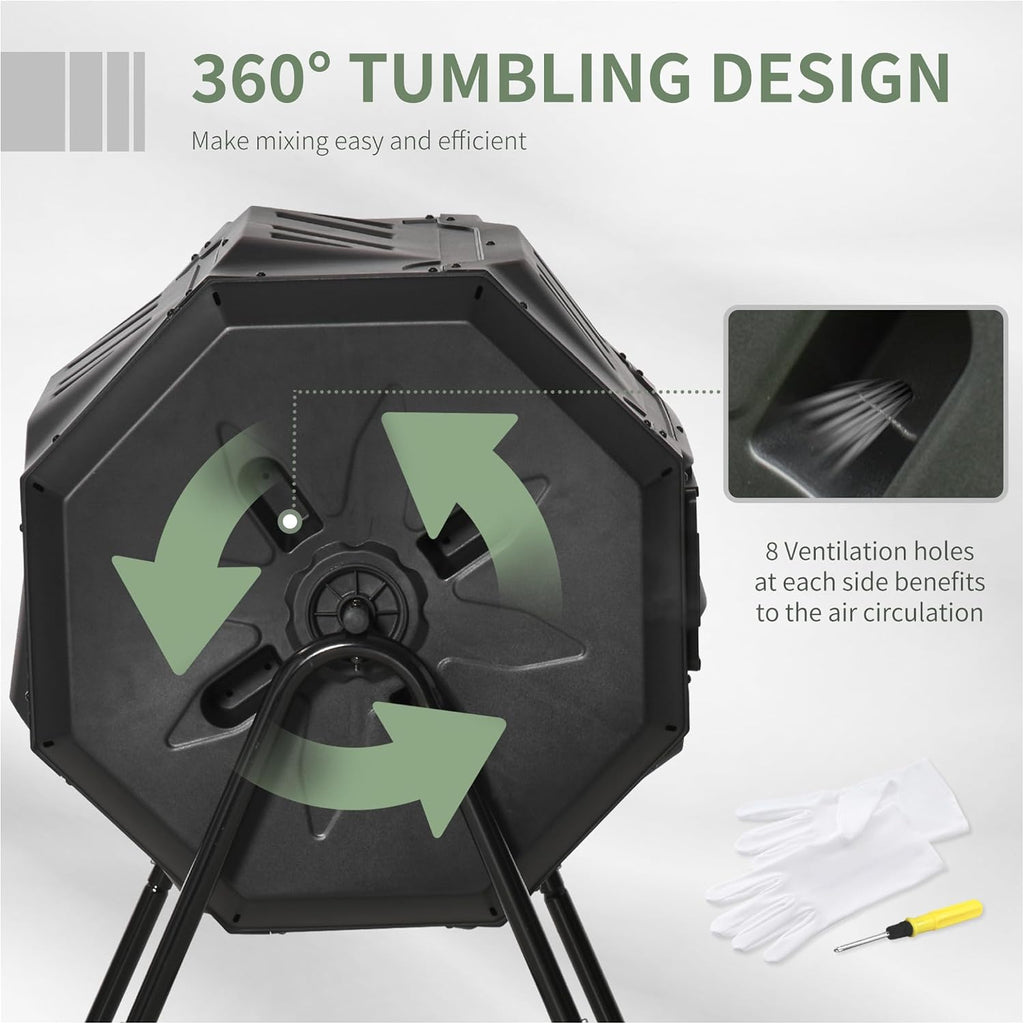 Compost Bin Outdoor Tumbler 43 Gallon, Rotating Composter Dual Chamber - Black