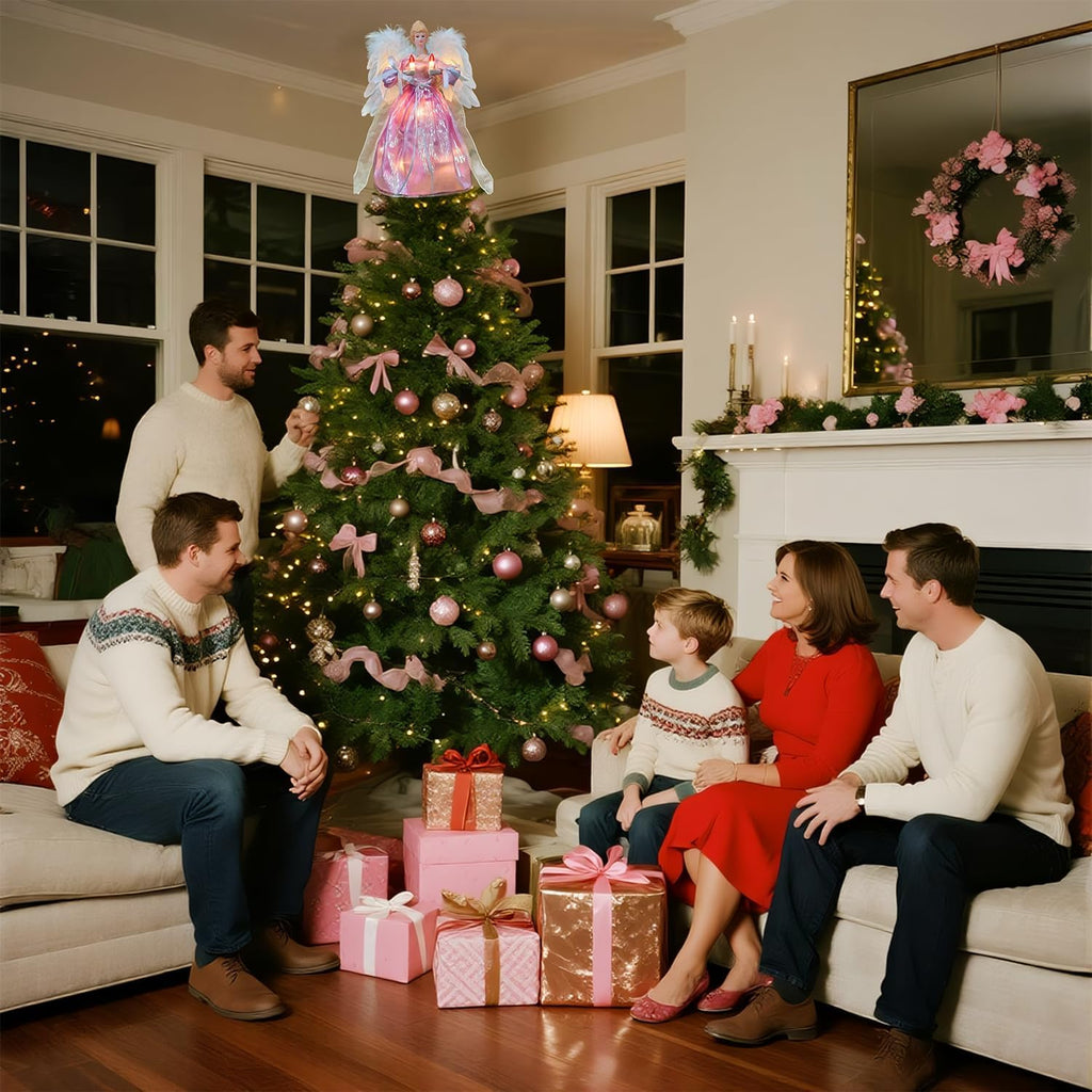 Moving Angel Tree Topper with Lights, 12'' Pink, Separately Controlled Flapping Wings and Bright LEDs, 6 On / 18 Off