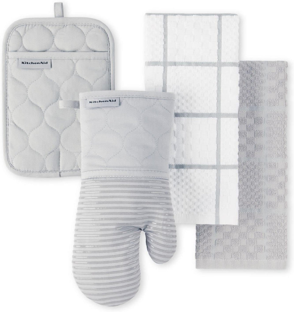 Quilted Cotton Terry Cloth Oven Mitt, Pot Holder, Kitchen Towel 4-Pack Set, Heat Resistant, Silicone Grip, 16"x26"