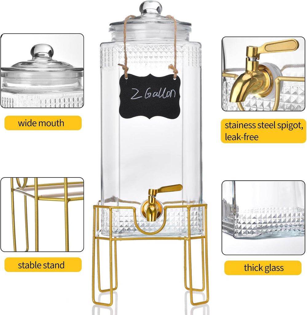 Drink Dispenser,2 Gallon Drink Dispensers for Parties,Beverage Dispenser with Stand,Glass Lid and Stainless Steel