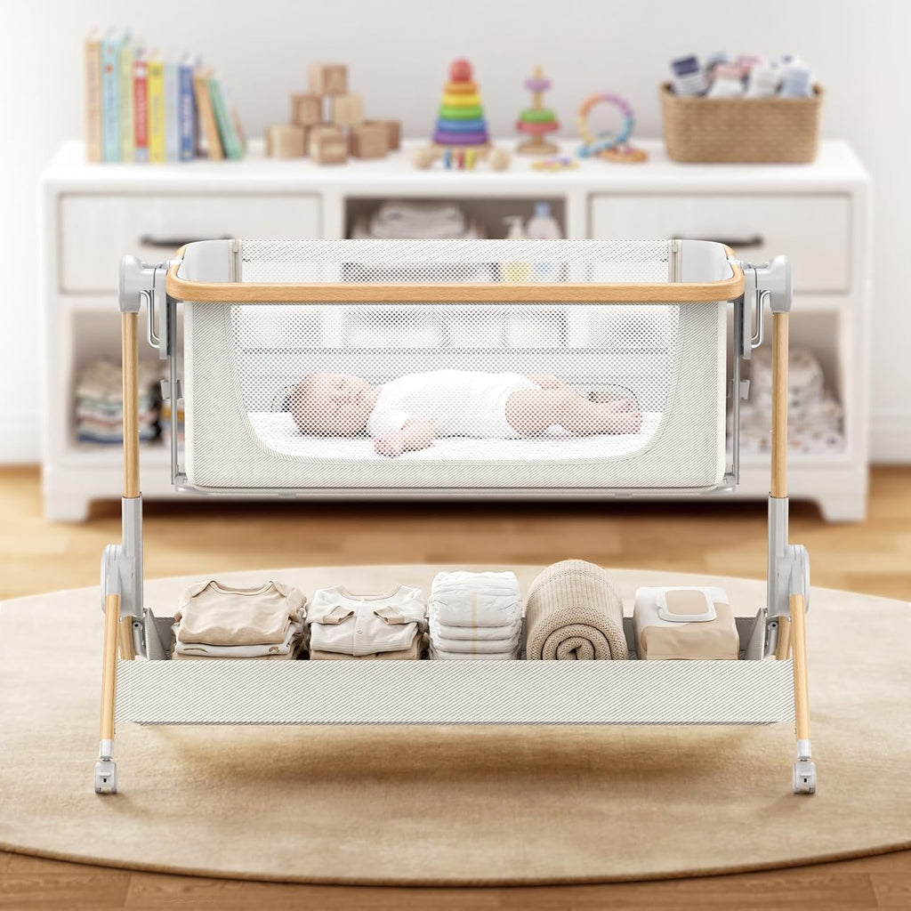 Bassinet Bedside Sleeper, 3-in-1 Foldable Bassinet for Newborns, One-Click Portable Baby Crib with Mesh Sides