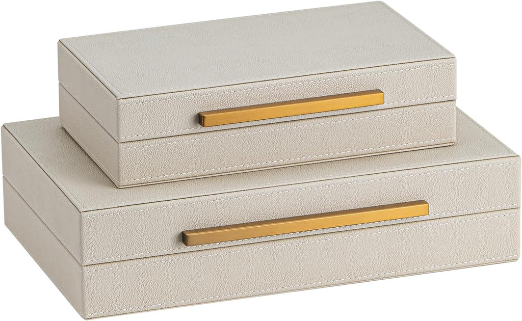 Beige Shagreen Decorative Storage Boxes with Gold Metal Handles - Faux Leather Jewelry & Memory Boxes - Set of 2