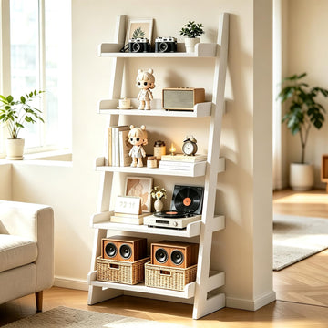 Ladder Bookshelf, 5-Tier Modern Wooden Leaning Book Shelf with Baffle