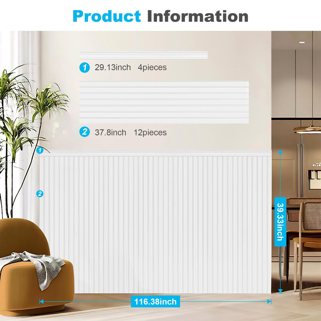 Beadboard Wainscoting Wall Panel Kit, 37.8 x 9.84 Inch, Matte White