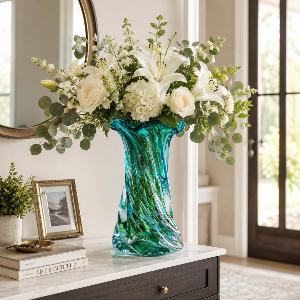 Hand Blown Glass Vase, Teal Green Emerald Gradient Wide Mouth Art Glass Vase, Unique Decorative Vase Coffee Table