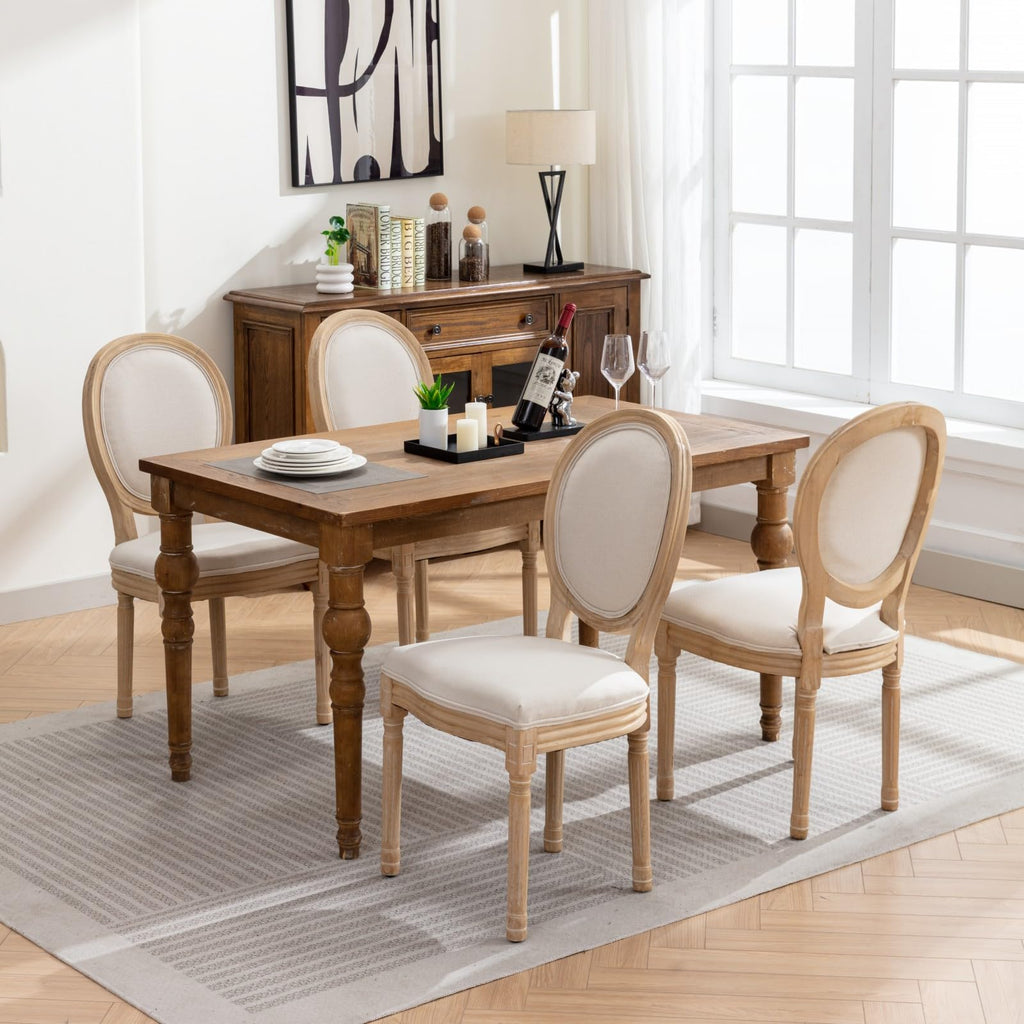 Vintage French Dining Chairs Set of 6, Round Back Accent Chairs with Linen Seat and Solid Wood Frame, Farmhouse