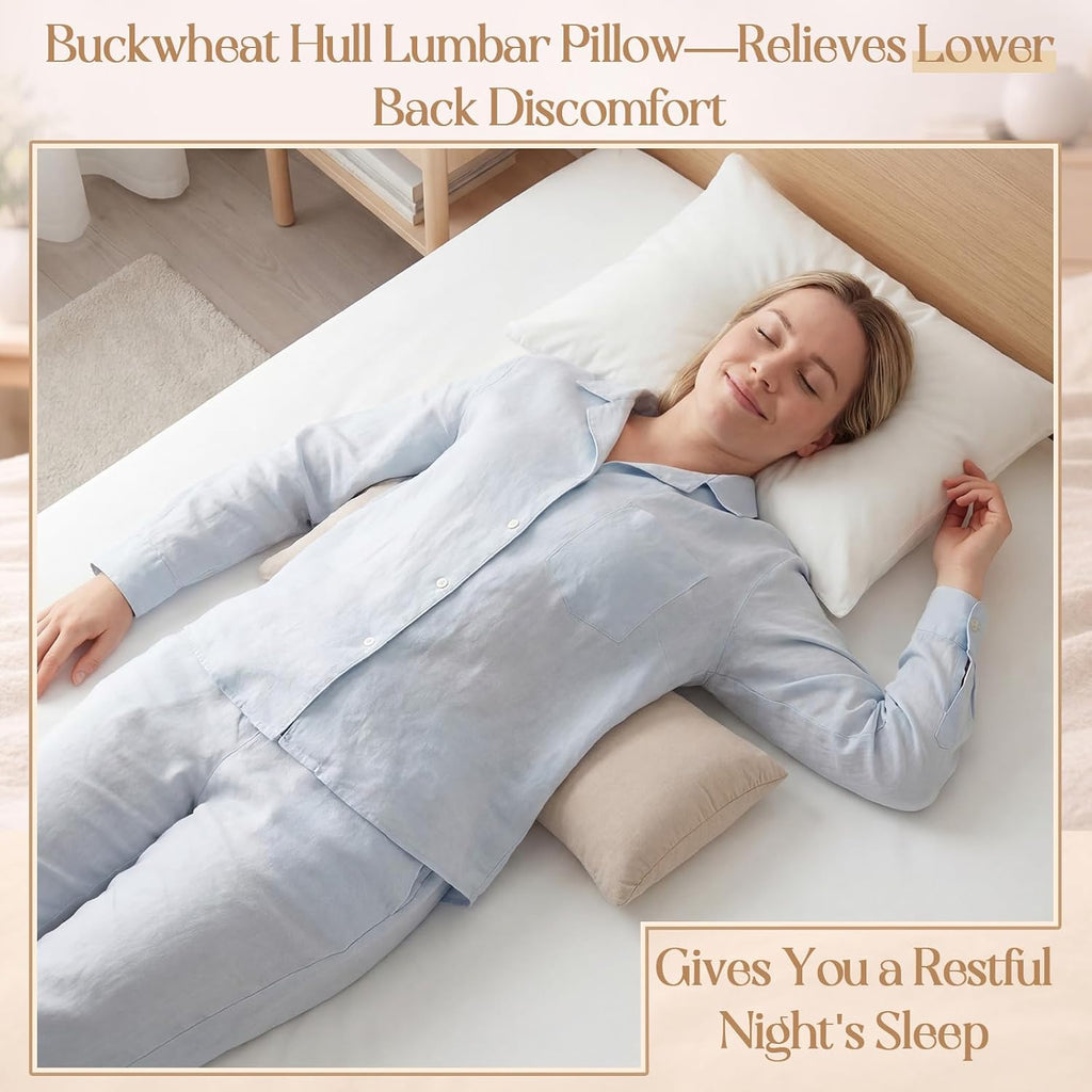Buckwheat Lumbar Support Pillow for Bed Sleeping, Ergonomic Curved Neck Waist Pillow for Lower Back Pain Relief