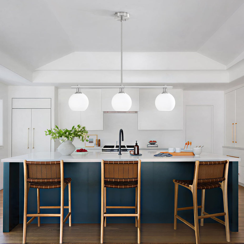 3 Lights Linear Pendant Light Kitchen Island Lighting with Milk Glass Shade, Modern Farmhouse Chandelier, Brushed