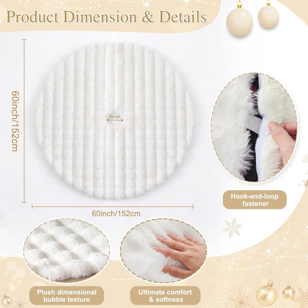60 in White Faux Fur Christmas Tree Skirt, 3D Quilted Plush Snow Tree Skirt